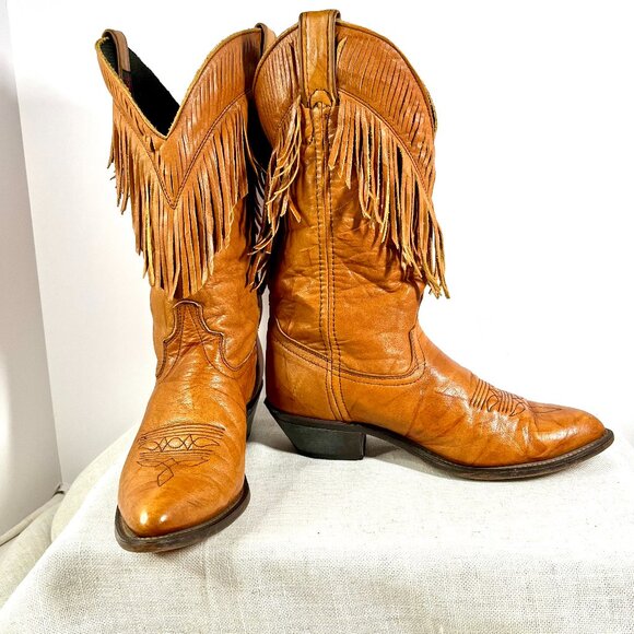 Laredo Tan Leather Fringe Cowboy Boots Women’s Vintage Western Rodeo Style - Picture 16 of 16